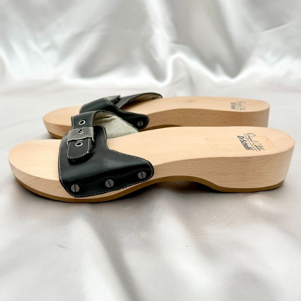 Dr. Scholl's Original Collection Black Leather Wood Sandals - Sz 8M